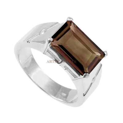 Cuarzo ahumado natural con anillo de plata chapado en oro blanco de 14K para hombre #1437 Foto 1 de 4