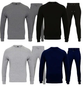 New Mens Round Neck Crew Neck Plain Full Tracksuit Set Stretchable Top Bottom - Picture 1 of 21