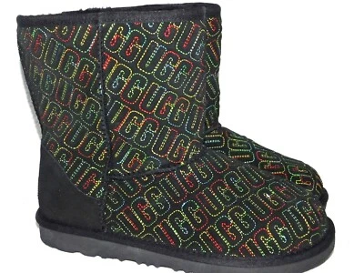 NWOB KIDS SIZE 5 BLACK UGG CLASSIC II GRAPHIC STITCH 1112383K LOGO SUEDE BOOTS - Image 1 of 4