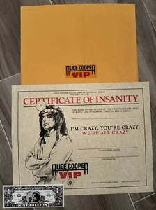 Alice Cooper Certificate of Insanity VIP 10.75x13.75" Raised Seal Blank Unsigned - Picture 1 of 5