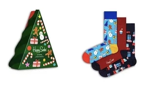 HAPPY SOCKS Crew-Socken Geschenkset 3er-Pack 42 $ Erwachsenengröße 8-12 Weihnachten Feiertage - Bild 1 von 8