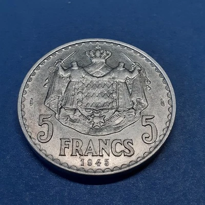 Pièce de monnaie 5 francs Louis II Monaco 1945 en aluminium qualité SUP nettoyée - Photo 1/4