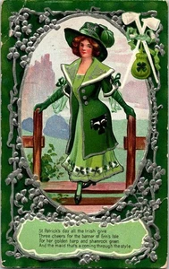 Antike IRISCHE POSTKARTE geprägt, hübsches Mädchen Silber Kleeblätter - Bild 1 von 2