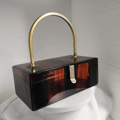 VTG Lucite Box purse handbag tortoise shell makeup mirror inside lid TORO MCM - Image 1 of 4