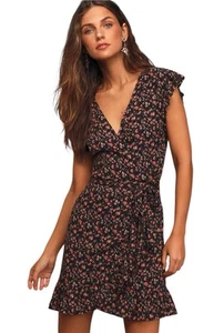 Lulus Kleid Damen Small Mini Wickel Schwarz Rosa Blumen V-Ausschnitt J Medium - Bild 1 von 12