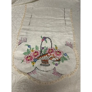 Vintage Embroidered Floral Basket Table Runner Dresser Scarf Lace Trim Cottage - Picture 1 of 7