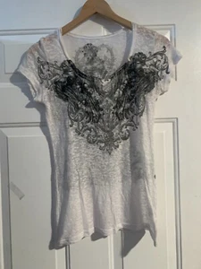 In Vein Women Black Angel Wings and Rose Rhinestone Fitted Sheer T Shirt L - Picture 1 of 3