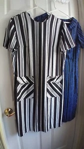 SEWN USA Sizes 12/ 14 Vintage 2 Dresses Union Made stripes VGUC Blue Black White - Picture 1 of 9