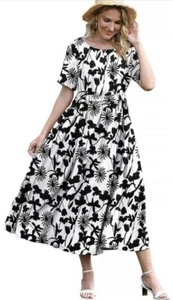 Yesno Boho Floral Print Maxi Dress Size Large White Black Short Sleeves Pockets - Picture 1 of 12