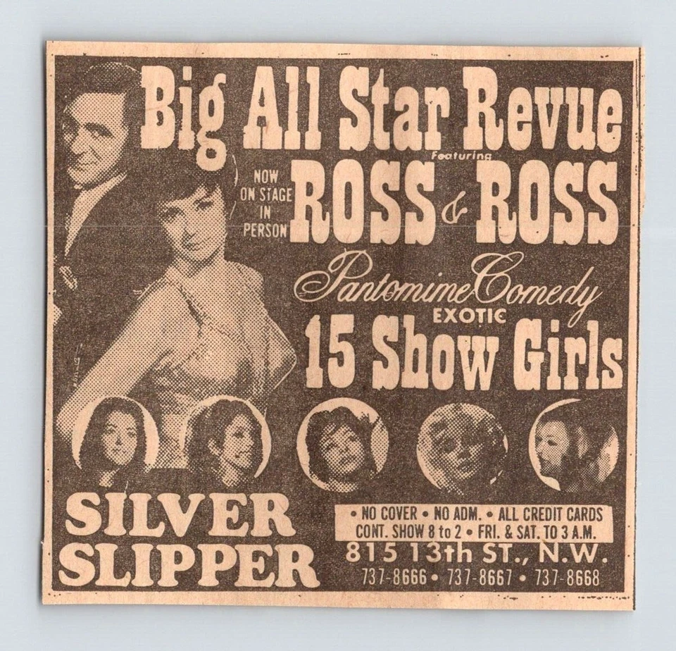 1974 EXOTIC SHOW GIRLS SILVER SLIPPERS WASHINGTON DC 3.5"X3.5 Newspaper Ad M448 Foto 1 de 1