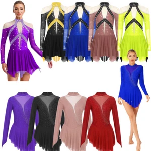 Damen Eiskunstlauf Kleid Lange Ärmel Ballett Tanz Trikots Gymnastik Outfits - Picture 1 of 134