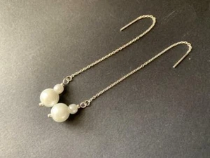 925 Sterling Silver 2 Pearl Threader Earrings Long White Wedding Bridal Women - Picture 1 of 1