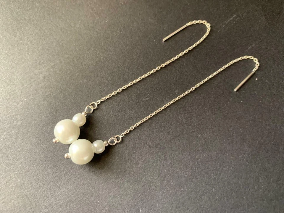 925 Sterling Silver 2 Pearl Threader Earrings Long White Wedding Bridal Women - Image 1 of 1