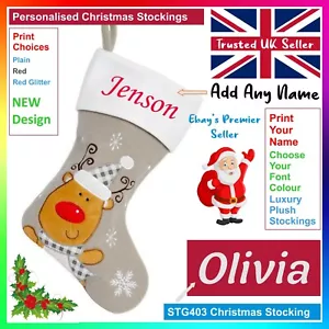 PERSONALISED SILVER Grey Christmas Stockings * Embroidered Name / Xmas Socks - Picture 1 of 19