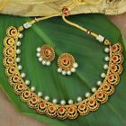 South Indian Bollywood Gold Plated Ruby Stone Temple Necklace Choker Jewelry Set
