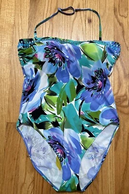 Newport News Talla 14 Una Pieza Púrpura Floral Traje de Baño Traje de Baño Cuentas Corpiño Foto 1 de 4