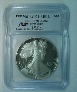 S Proof Silver Eagle ICG PR70 1991 DCAM AUSTIN HUTTO FIRMADO ETIQUETA NEGRA 1 DE 249 - Imagen 1 de 4