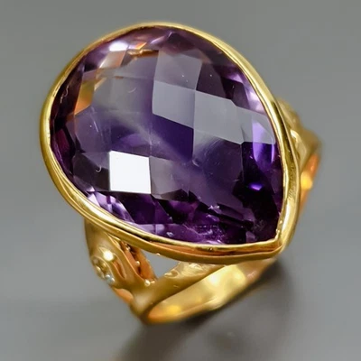 Anillo de amatista natural hecho a mano de 15 quilates + plata de ley 925 talla 8/R438617 Foto 1 de 4