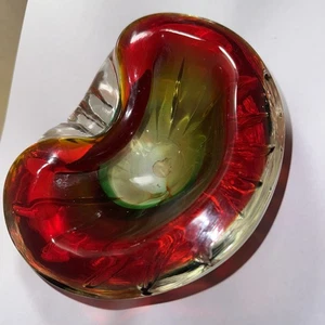 Murano Italy Small Bowl Red Green Clear Clam Shell Art Glass Vintage - Picture 1 of 18