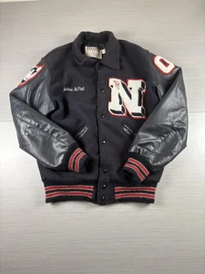 Vintage Delong Varsity Jacket Mens Medium Black Wool Leather Nebraska N 90s - Picture 1 of 5