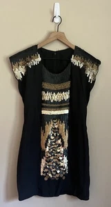 Yoana Baraschi Silk Dress Black Gold Sequin Sheath Shift XS 0 2 Boho Anthro - Picture 1 of 5