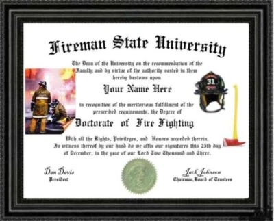 Fireman Lover's Diploma / Degree Custom Made and Designed for You UNIQUE Gift - Image 1 of 2
