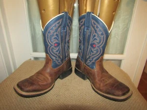 Ariat Brown Blue Leather Square Toe Cowboy Boots Kids Size 12 Style 10001863 - Picture 1 of 9
