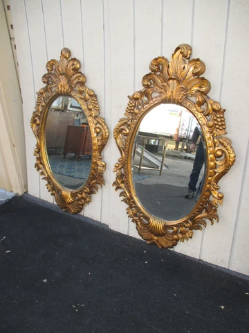 51057 PAIR  Large QUALITY Hand Made  Fancy WOOD  Decorator Gold Mirrors Cover
