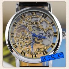 Silver relic mechanical skeleton steampunk unisex rope leather black watch