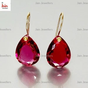 18 Kt Real Solid Gold Pear Cut Pink Tourmaline Dangle Drop Earrings Size 30 MM - Picture 1 of 4