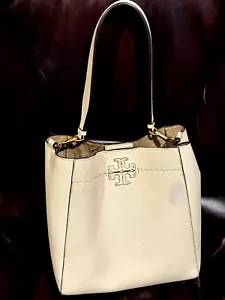 TORY BURCH, USED: McGraw Bucket Bag Cream Purse Handbag Classic Demure Tablet - Picture 1 of 9