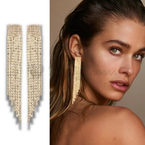 High Quality Elegant Gold Tone Dangle Hanging Crystal Long Drop Tassel Earrings - Picture 1 of 12