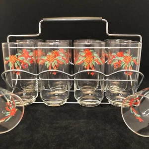 Libbey Glassware Christmas Poinsettia Beverage Set of 10 with Caddy Carrier USA - Picture 1 of 10