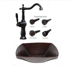 15" Square Copper Vessel Bath Vanity Sink with 13" ORB Clayborne Faucet & Drain - Picture 1 of 5