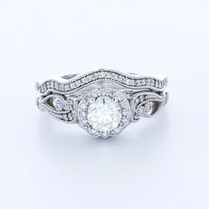 1.63CTW CERTIFIED LAB DIAMONDS J/VS2 ROUND CUT 18K GOLD HALO SIDE-STONE RING SET - Picture 1 of 5