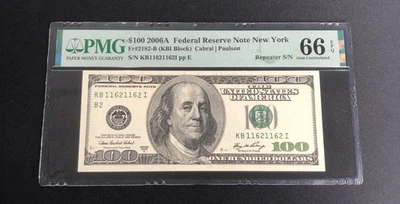 2006A Federal Reserve Note New York $100 FR#2182-B PMG 66 EPQ Gem UNC RARE - Image 1 of 2