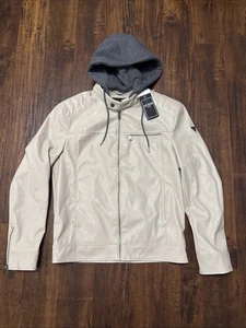 NWT Guess Dave Hoodie Biker Faux Leather Tapioca Grey Men’s Size Small - Picture 1 of 11
