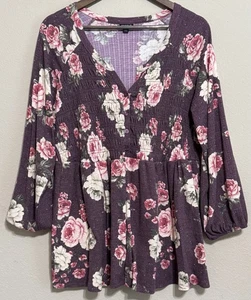 Torrid Babydoll Blouse Floral 3/4 Puff Sleeve Smocked Cottagecore Top Size 2 - Picture 1 of 11