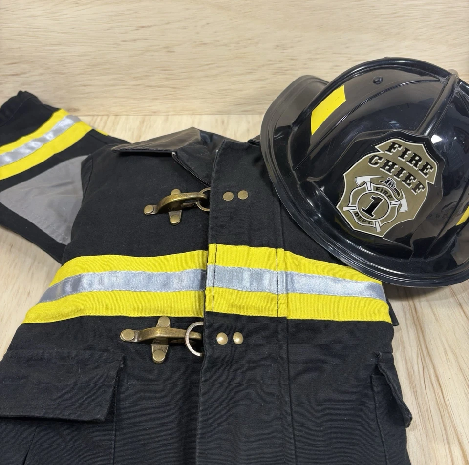 Uniforme/traje de bombeiro Get Real Gear incluindo calça, jaqueta, capacete, tamanho 2-3 - Imagem 1 de 4