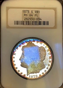 1878 S MORGAN DOLLAR! NGC MS64 PL! INCREDIBLE DUAL RAINBOW TONER! WOW NR #B50480 - Picture 1 of 3
