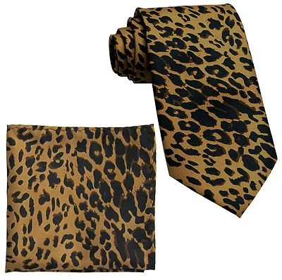 New Polyester Leopard Animal Print Formal Party Occasion Neck tie & Hankie Brown - Image 1 of 3