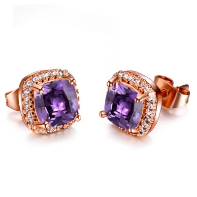 Mystical 6MM Square Natural Amethyst Gems Rose Gold Plated Stud Hook Earrings - Image 1 of 4