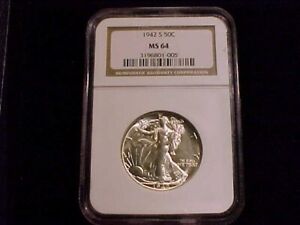 1942-S Walking Liberty Half Dollar, NGC MS64. A flashy-white coin!!