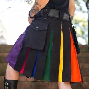 Deluxe hybrid Black Rainbow Utility Cargo Kilt With Two Pockets Size 28 To 58" - Picture 1 of 1