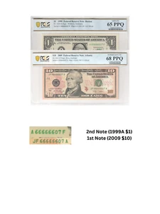 $1 and $10 Set of 2 Note MATCHING SERIAL NUMBERS 66666607 PCGS Graded 65/68 PPQ - Picture 1 of 3