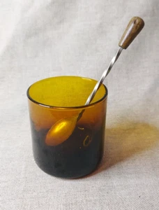 Vintage Amber Glass Condement Pot With Twist Stem Spoon - Picture 1 of 7