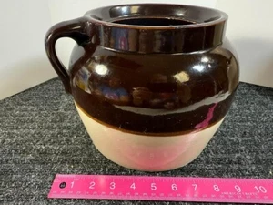 Antique Vintage Bean Pot Stoneware Crock Brown White Single Loop Handle #4 - Picture 1 of 7