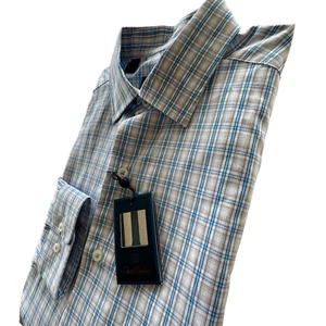 Camisa David Donahue Fusion Para Hombres 15.5 Mediana Azul Gris Cuadros LS Abotonada Nueva - Imagen 1 de 11