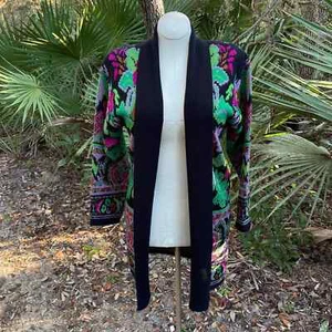 Accent Black Pink and Green Cardigan Sweater Open Front 80s Vtg Size M - Picture 1 of 11