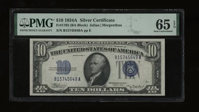 DBR 1934-A $10 Silver Gem Fr. 1702 PMG 65 EPQ Serial B15745649A - Image 1 of 2